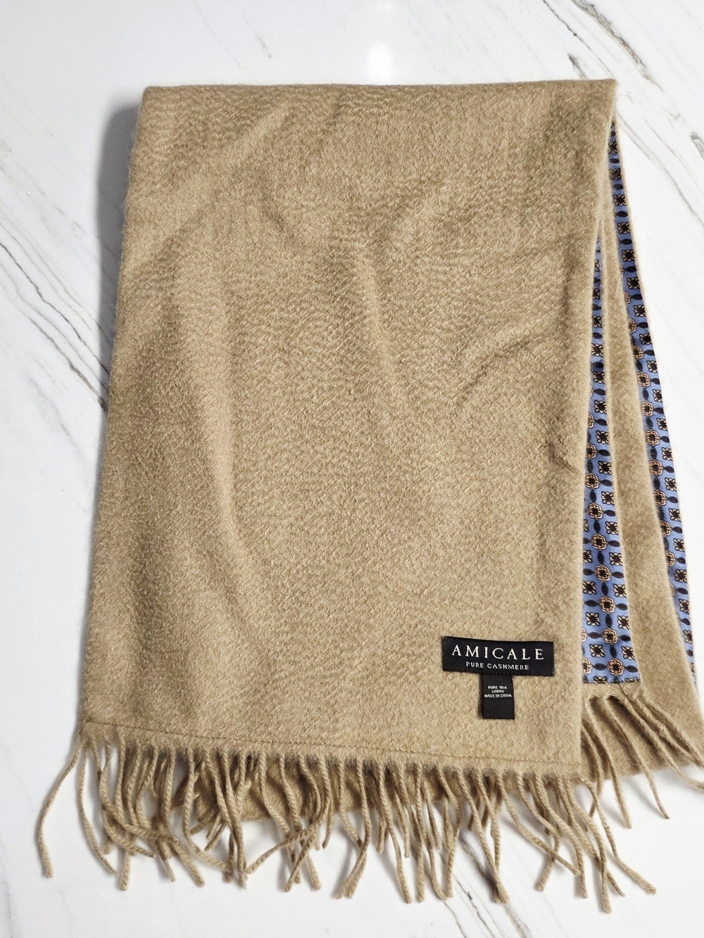 Amicale Cashmere Men's Scarf in Camel with Blue Patterned Silk Lining